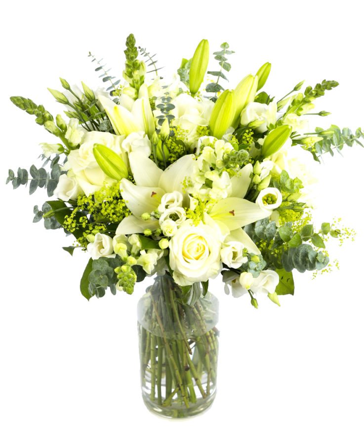 Mothering Sunday Bouquet, Mothers Day Flowers, Mothers Day Arrangement, White LA Lilies, Eustoma, Roses, Snapdragons, Alchemilla Mollis, Salal, Mothers Day Bouquet Creams Whites