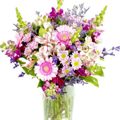 Alstroemeria, Antirrhinum, a pretty Chrysanthemum known as San Rossi Pink, Germini and finally finished with a dark blue / purple Limionium and foliages , Mothers Day Bouquet Creams Pinks Purples